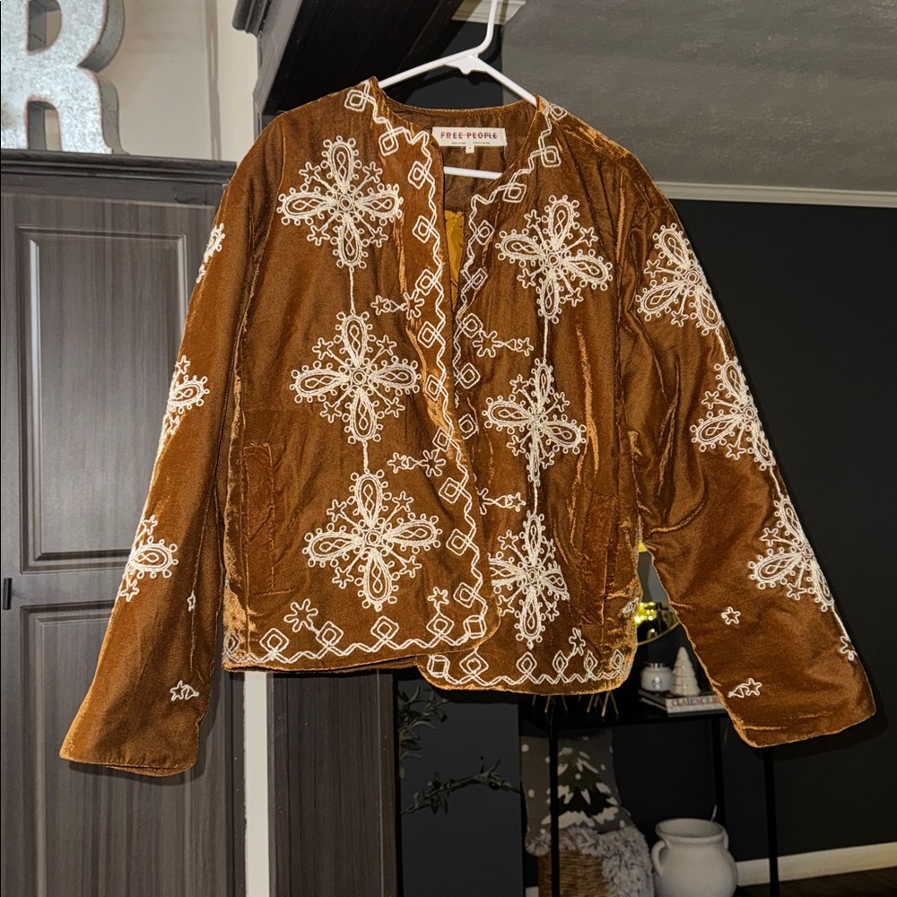 We The Free Rust Velvet Embroidered Jacket with Cream Lace - Picture 6 of 8